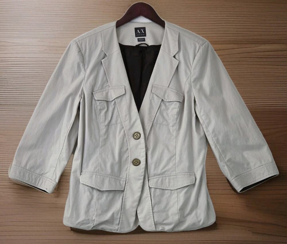AX Armani Exchange Women’s XL Long Sleeve Linen Blazer Ivory Brown Jacket
